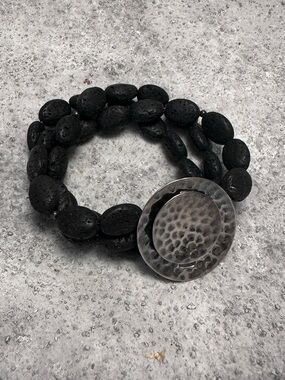 Silpada Black Lava Bead Bracelet with Hammered Silver Button